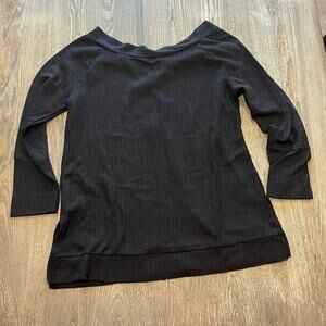 SimpleFun Waffle Knit Sweater Top Boat Neck 3/4 Sleeve Pullover Black Size L